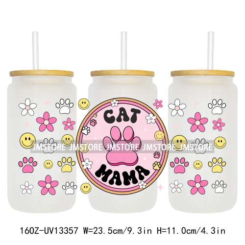 Pet Puppy Dog Paws Flowers Cat Mom Dogs Mama 16OZ UV Cup Wrap DTF Transfer Stickers Waterproof For Libbey Glass Can Cups Tumbler