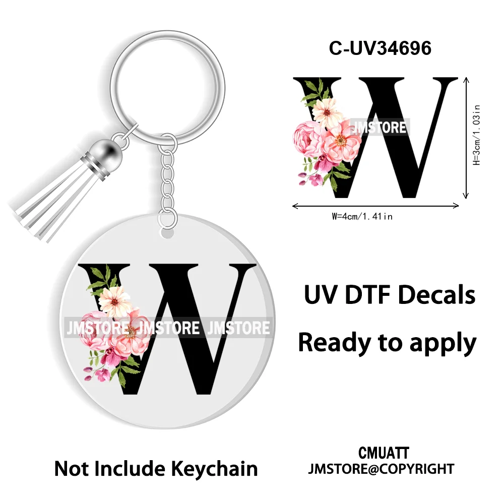 Floral Whole Entire Alphabet Flowers Black Letters Monogram WaterProof UV DTF Stickers For Round Circle Acrylic Keychain Keyring