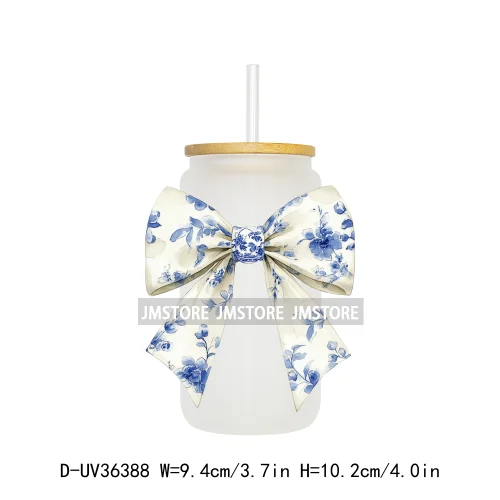 Blue Chinoiserie Coquette Bow UV Sticker Decals For Libbey Cold Cups Mug Tumbler Transfer Stickers Waterproof Top Quality Prints