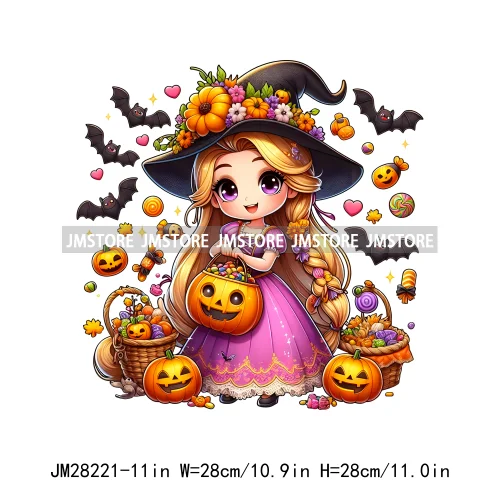 Washable Chibi Spooky Princess Pumpkin Halloween Trick Or Treat Witch Iron On DTF Transfers Stickers Ready To Press For Hoodies