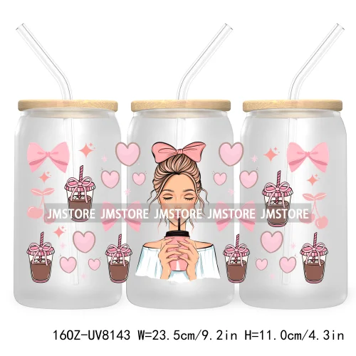 Iced Coffee Girly 16OZ UV DTF Cup Wrap Transfer Stickers Custom Labels Durable Waterproof Logo For Libbey Glass Can Coquette Bow