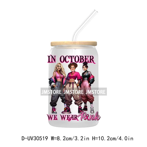 In October We Wear Pink UV DTF Transfers Stickers Decals For Libbey Cold Cups Mugs Tumbler Waterproof Craft Horror Movie Sisters