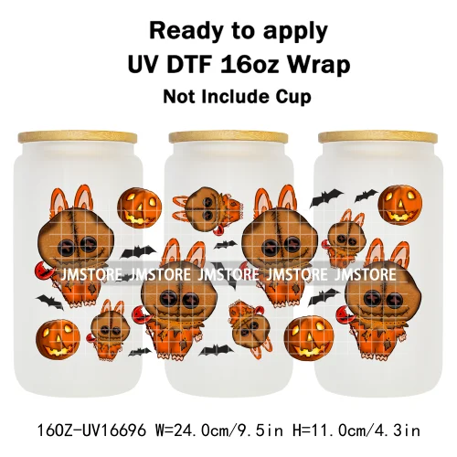 Laboo Cartoon Horror Halloween Characters 16OZ UV DTF Cup Wraps Ready To Apply Waterproof Transfer Stickers For Libbey Glass Can