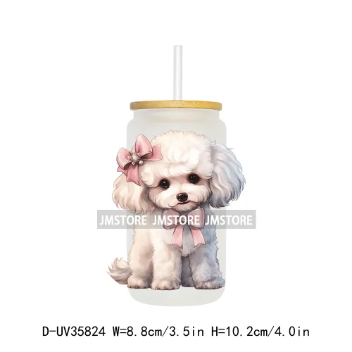 Cute Puppy Coquette Bow Baby Dog UV DTF Transfer Stickers Decals Ready To Apply Waterproof For 16OZ Libbey Glass Can Cup Tumbler