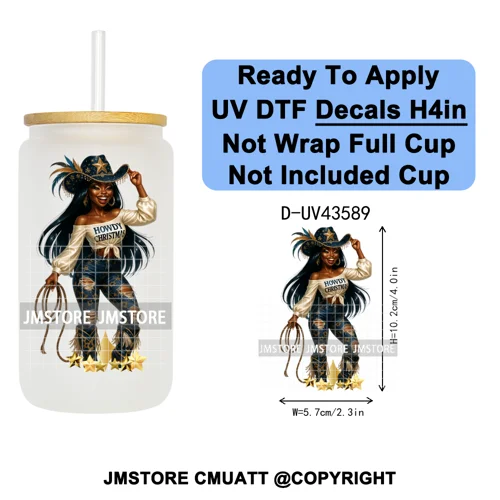 Howdy Afro Black Cowgirl Christmas UV DTF Decals Ready To Apply Waterproof Transfer Stickers For 16OZ Libbey Glass Can Bottle