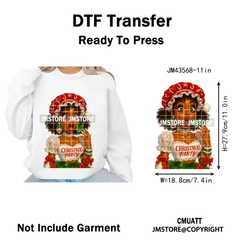 Wine Christmas Black Girls Santa Cheer Winter Holiday Party Iron on Washable DTF Transfers Stickers Ready to Press for Textiles