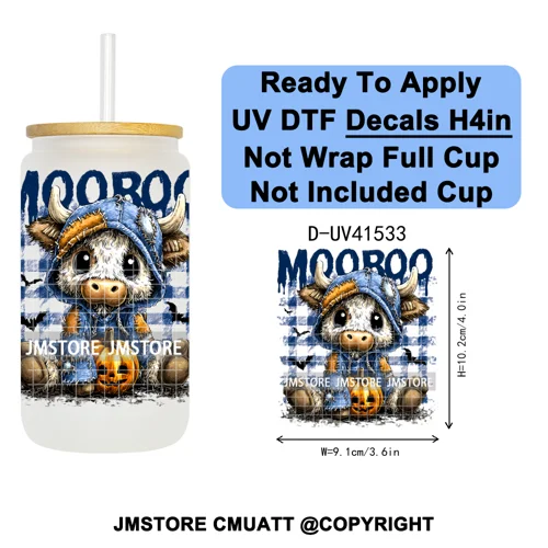 Spooky Highland Cow Halloween Ghosts Pumpkin UV DTF Decals Ready To Apply Waterproof Transfer Stickers For 16OZ Libbey Glass Can