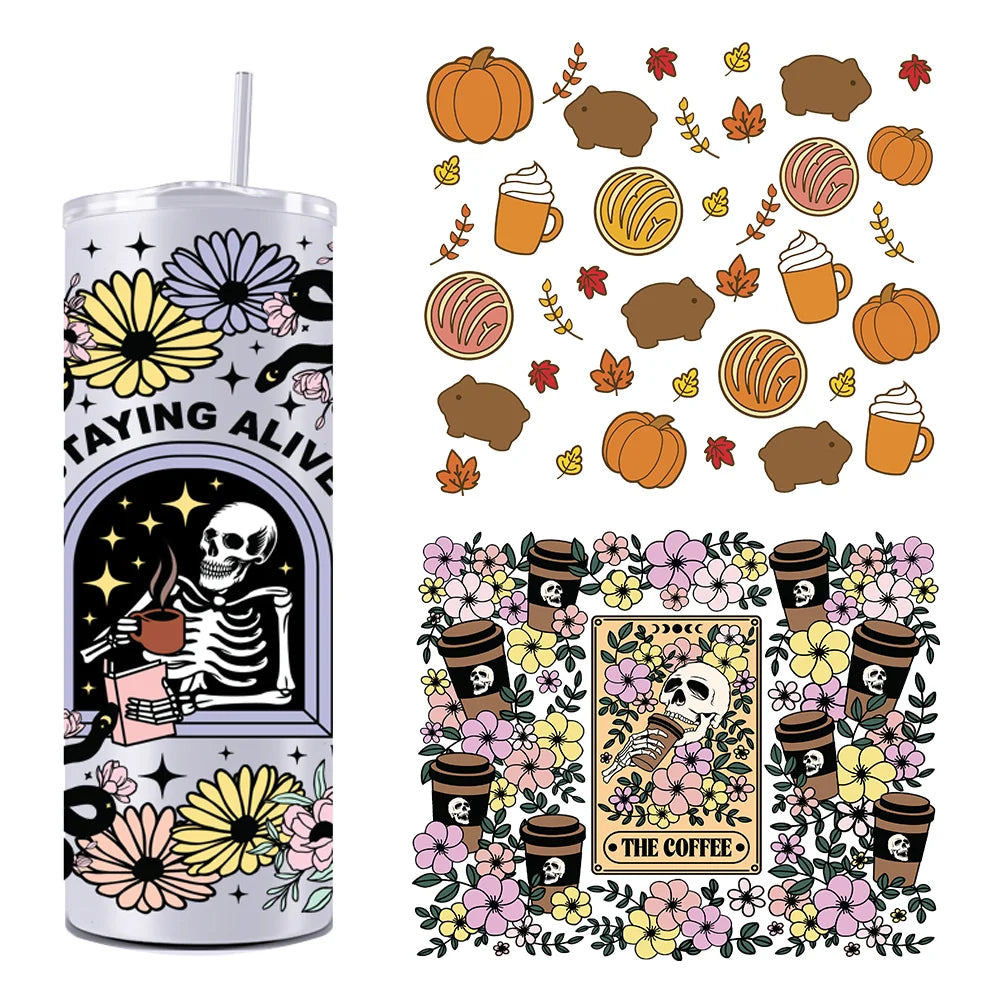 Skull Flowers With Coffee Cup 20OZ UV DTF Straight Wrap Transfers Stickers Custom Labels DIY Durable Waterproof Logo For Tumbler
