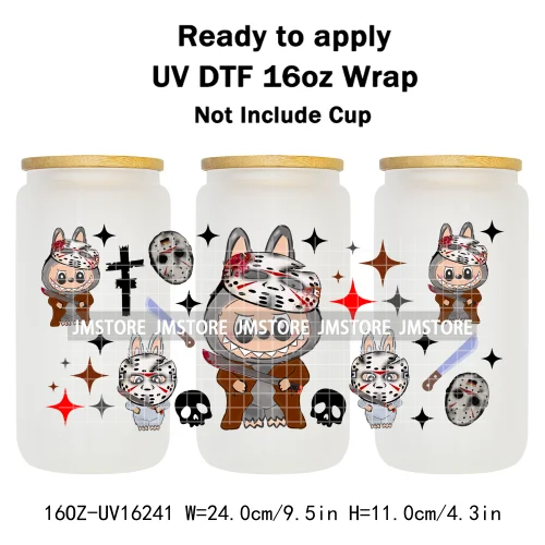 Laboo Horror Movie Characters Halloween 16OZ UV DTF Cup Wraps Ready To Apply Waterproof Transfer Stickers For Libbey Glass Can