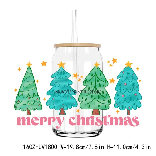 Merry Christmas Sequin 16OZ UV DTF Cup Wrap Transfers Stickers Custom Labels DIY Durable Waterproof Logo For Libbey Glass Can