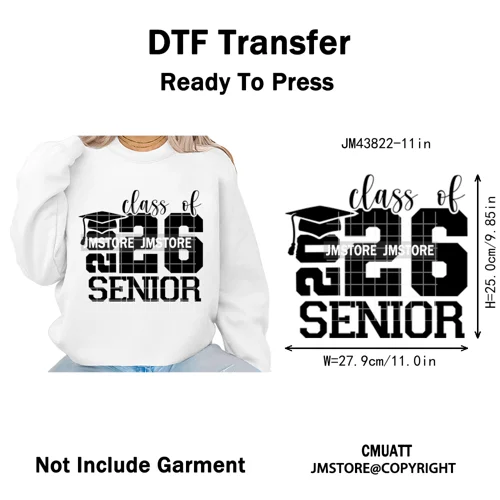 2026 Varsity Graduate Season College Senior Year Bow Iron on Washable DTF Heat Transfers Stickers Ready to Press for Sweatshirts