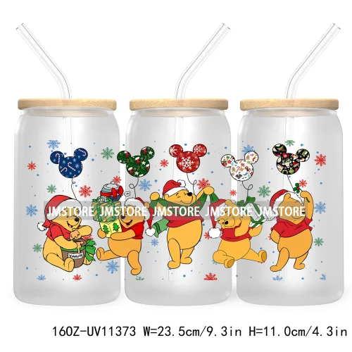 Cute Kids Cartoon Character With Christmas Lights Tree Xmas Holiday UV DTF Transfer 16OZ Libbey Glass Can Wrap Ready to Apply