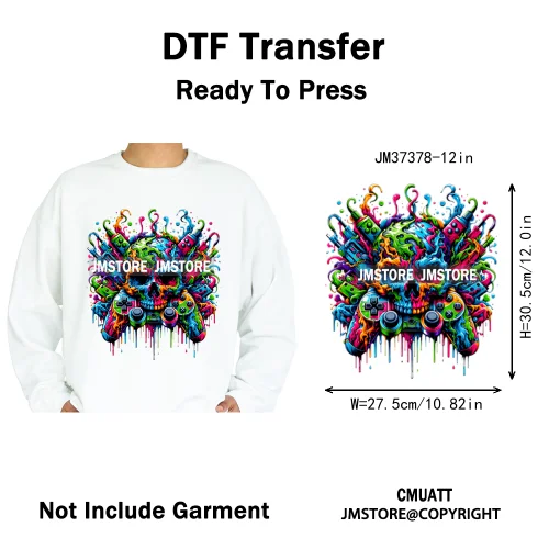 12in Hip Hop Graffiti Urban Skull Gaming Controller Game Lovers Iron on DTF Transfers Stickers Ready to Press for Hoodies Bags