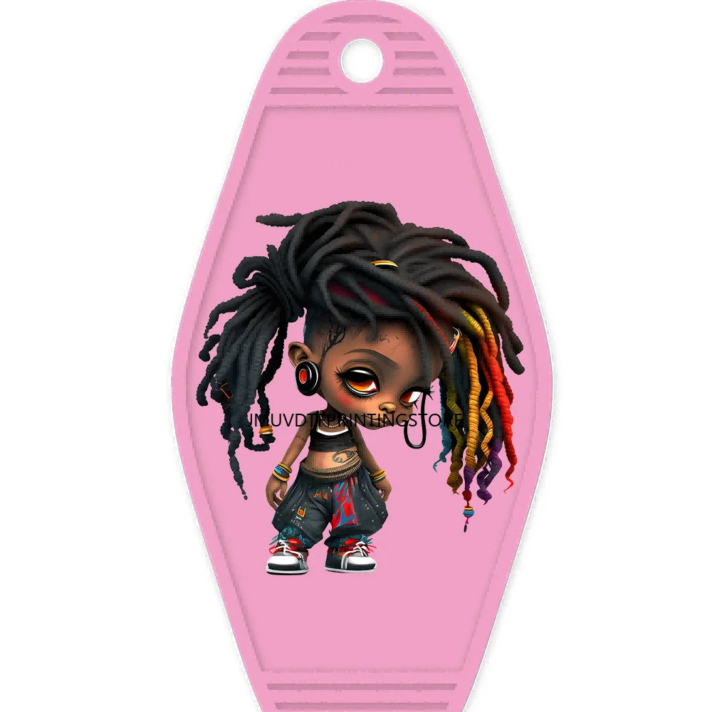 Cool Dreadlock Afro Girl High Quality WaterProof UV DTF Sticker For Motel Hotel Keychain Black Hip Hop Kids