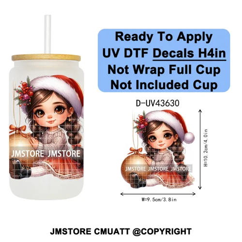 Chibi Cute Mexican Christmas Baby Girl UV DTF Decals Ready To Apply Waterproof Transfer Stickers For 16OZ Libbey Glass Can Mugs