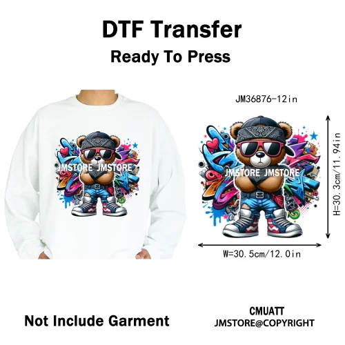 12in Colorful Graffiti Urban Stree Vibes Fearless Gangster Bear Washable Iron on DTF Transfer Sticker Ready to Press for Clothes
