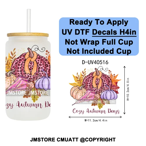 Cozy Autumn Fall Pumpkin Spice UV DTF Decals Ready To Apply Waterproof Transfer Stickers DIY Crafts For 16OZ Libbey Glass Can