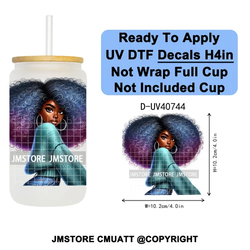 Big Hair Fashionable Black Girl UV DTF Decals Ready To Apply Waterproof Transfer Stickers DIY Crafts For 16OZ Libbey Glass Can
