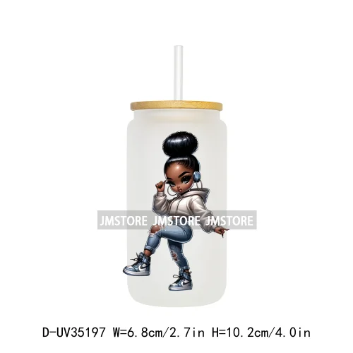 Fashion Black Chibi Denim Girl UV DTF Transfer Stickers Decals Ready To Apply Waterproof For 16OZ Libbey Glass Can Cup Tumbler