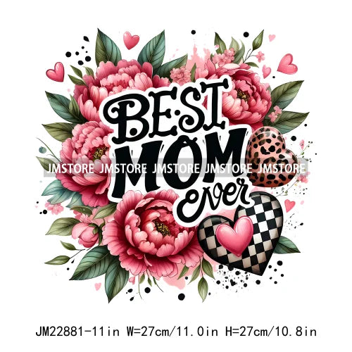 Best Mom Ever Floral Heart Iron On Logos Mother's Day Leopard Mama DTF Printing Transfer Stickers For Clothing