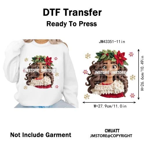 Cute Faux Knitting Yarn Princess Cartoon Character Christmas Holiday Iron on DTF Transfers Stickers Ready to Press for Hoodies
