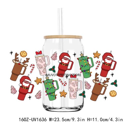Merry Christmas Happy New Year 16OZ UV DTF Cup Wrap Transfer Stickers Custom Labels DIY Durable Waterproof Logo For Libbey Glass