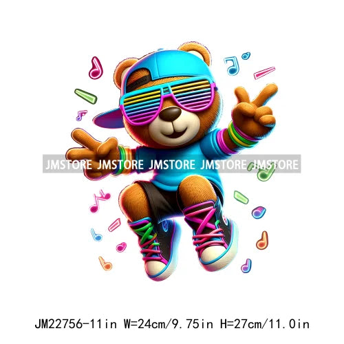 Cool Neon Colorful Hip Hop Streetwear Urban Teddy Bear Iron On DTF Transfers Stickers Ready To Press For Clothing Bags