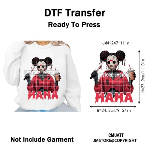 Coffee Lover Afro Mama Spooky Halloween Killer Cartoon Women Iron on Washable DTF Transfers Stickers Ready to Press for Hoodies