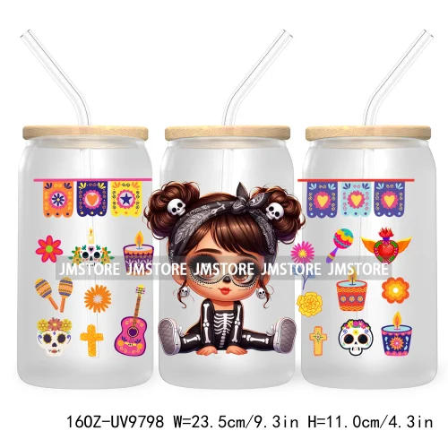 Day Of The Dead 16OZ UV DTF Cup Wrap Transfer Stickers Hispanic Chibi Baby Girl Custom Labels Waterproof For Libbey Glass Can