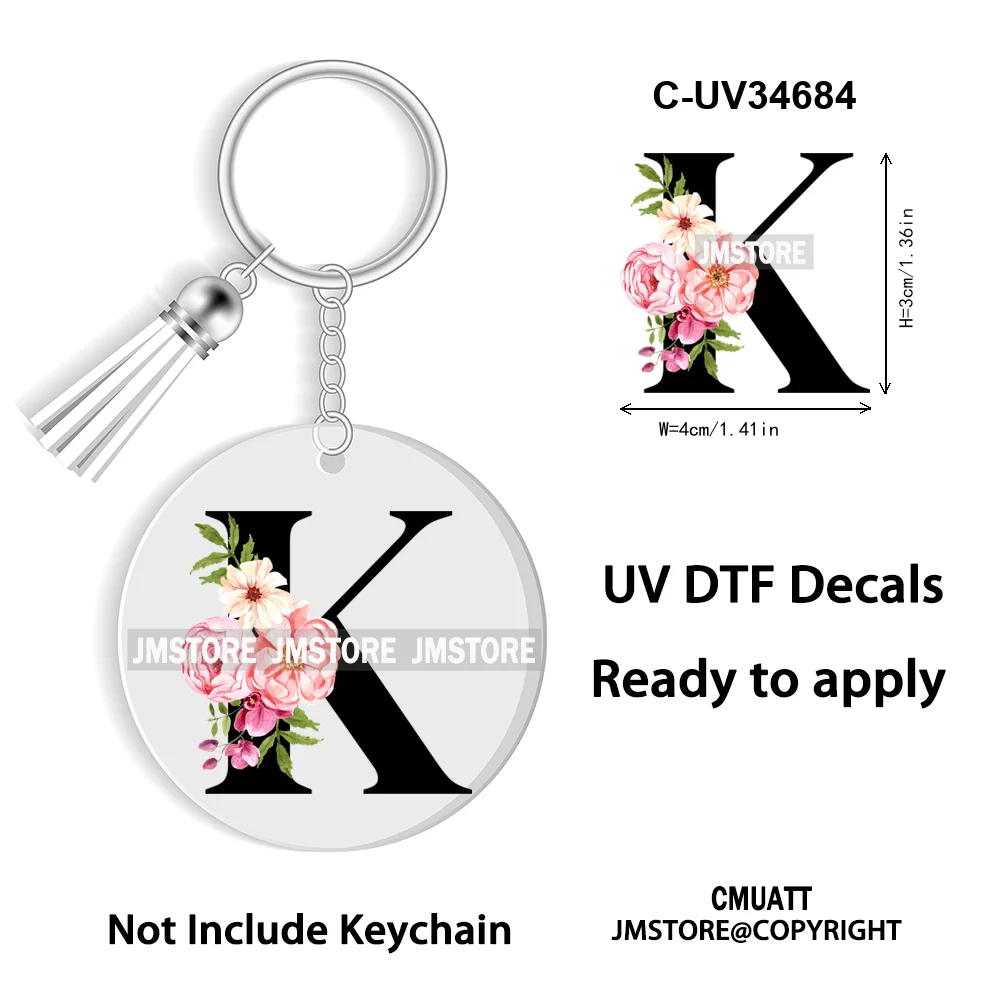 Floral Whole Entire Alphabet Flowers Black Letters Monogram WaterProof UV DTF Stickers For Round Circle Acrylic Keychain Keyring