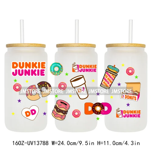 Dunkie Junkie Coffee Donuts UV DTF Wraps Transfer Sticker Selfadhesive Waterproof High Quality For 16OZ Libbey Glass Can Tumbler