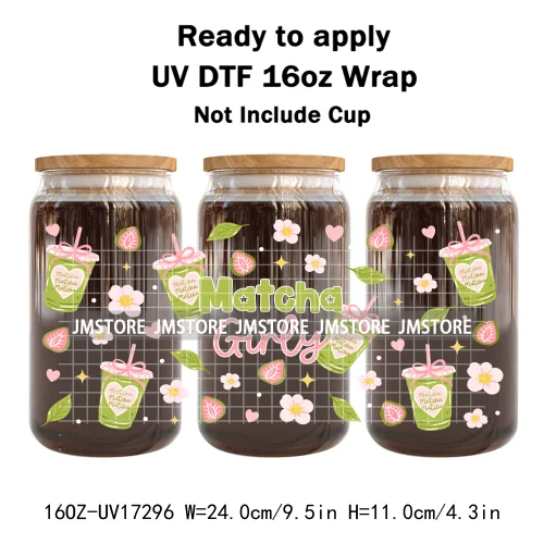 Coquette Green Tea Iced Matcha Latte UV DTF Wrap Transfer Sticker Selfadhesive Waterproof High Quality For 16OZ Libbey Glass Can