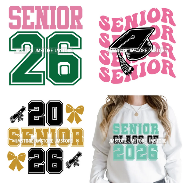Colorful Graduation Cap College Senior 2026 Era Iron on Washable DTF Heat Transfers Stickers Ready to Press for T-shirts Bags