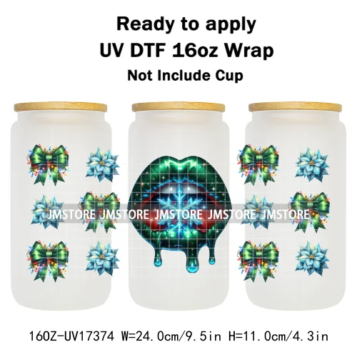 Colorful Christmas Lips Holiday Gifts Xmas Balls UV DTF Wraps Transfer Sticker Waterproof Logo For 16OZ Libbey Glass Can Tumbler
