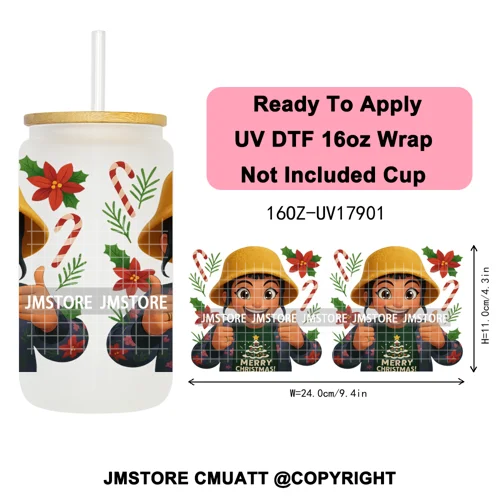 Merry Christmas Kpop Movie Character Anime Girl UV DTF Stickers Ready To Apply Cup Wrap High Quality For 16OZ Libbey Can Glass