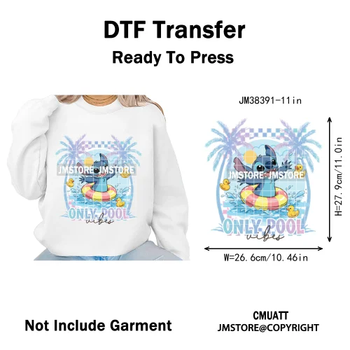 Retro Cartoon Happy Summer Vacation Vibes Coquette Seashells Iron on DTF Heat Transfer Stickers Ready to Press for Clothes Bags