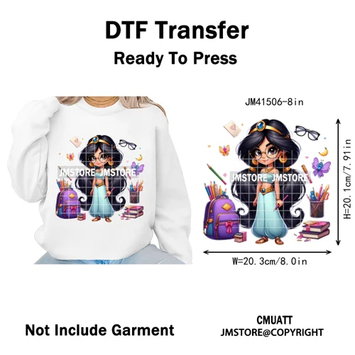 Cartoon Movie Friends Princess Back to School Teacher Learn Iron on DTF Washable Transfer Sticker Ready to Press for Kid Hoodies