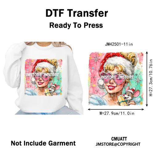 Glasses Cartoon Princess Animal Christmas Brushstroke Festive Vibes Iron on DTF Transfers Stickers Ready to Press for Hoodies