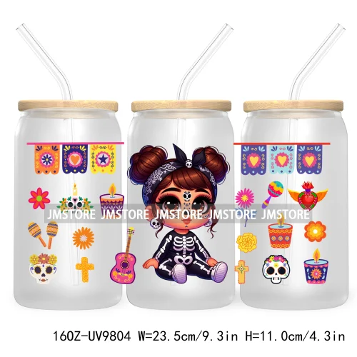 Day Of The Dead 16OZ UV DTF Cup Wrap Transfer Stickers Hispanic Chibi Baby Girl Custom Labels Waterproof For Libbey Glass Can