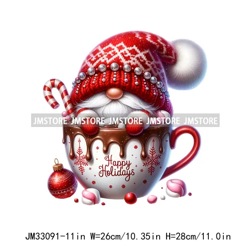 Funny Hot Cocoa Cup Festive Gnomes Wishes Candy Merry Christmas Iron On DTF Transfers Stickers Ready To Press For Sweatshirts