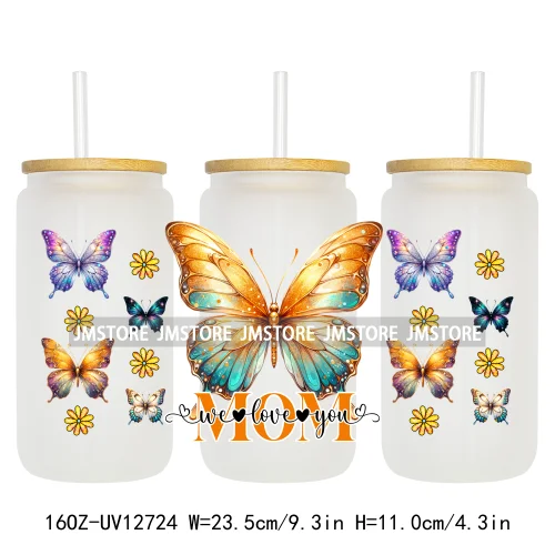 We Love You Mom Butterfly Flowers Mother's Day UV DTF Sticker For 16OZ Libbey Glass Cup Can Wrap Transfer Stickers Custom Labels