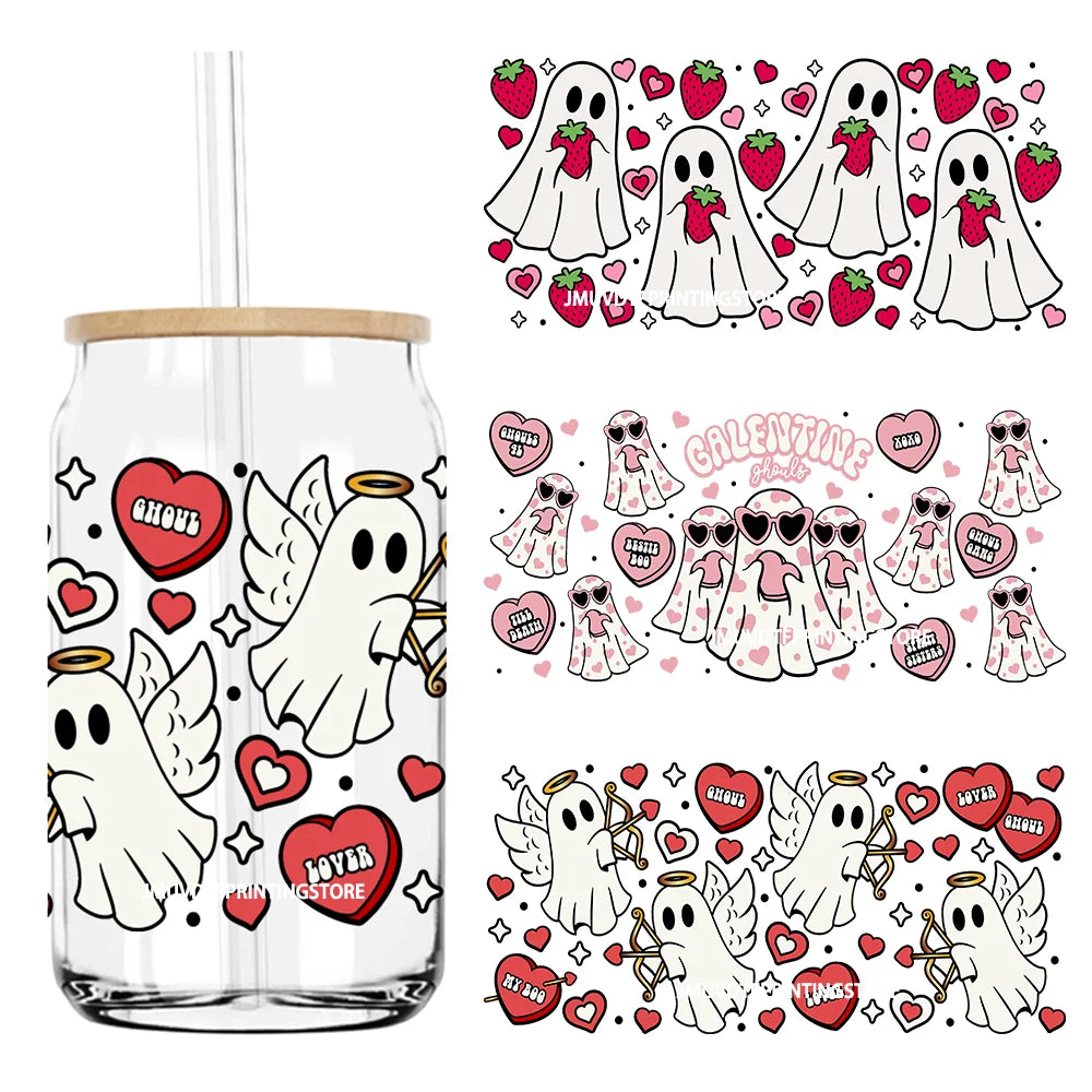 Cupid Ghostie Spooky Valentine's Day UV DTF Sticker For 16OZ Libbey Glass Cup Can Wrap Transfer Sticker Custom Labels DIY Logo