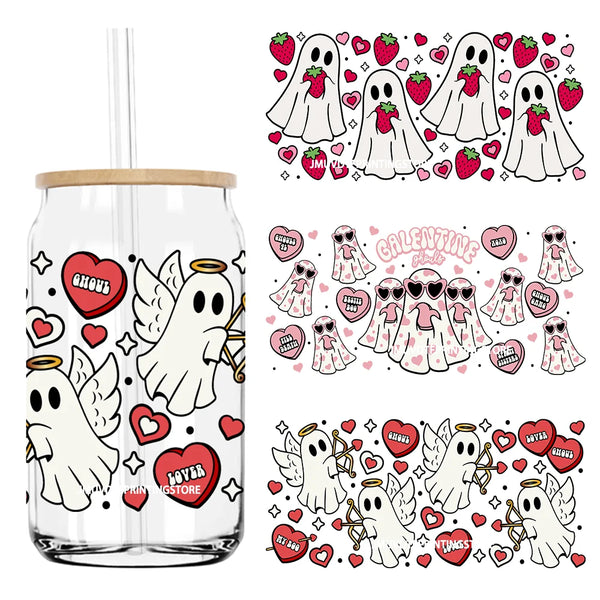 Cupid Ghostie Spooky Valentine's Day UV DTF Sticker For 16OZ Libbey Glass Cup Can Wrap Transfer Sticker Custom Labels DIY Logo