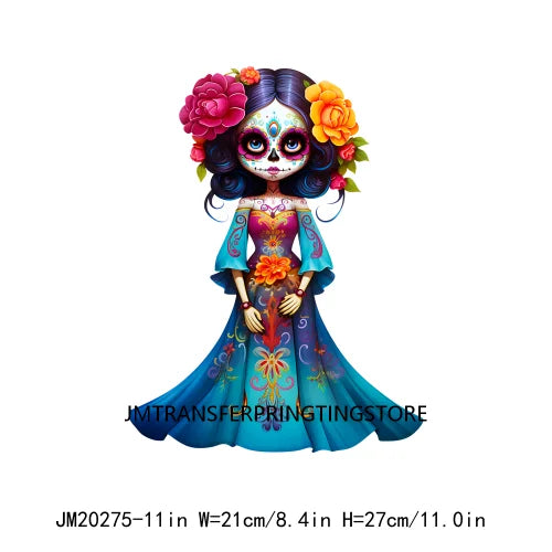 Cute Doll La Catrina Day Of The Dead Sugar Skull Mexican Halloween Iron On DTF Transfer Stickers Ready To Press For Hoodies Bags