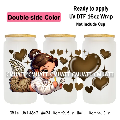 Double Sided Color UV DTF Cup Wraps 16OZ Wholesale Custom Bulk Waterproof Cartoon Lovely Princess Design For DIY Craft Mug Glass