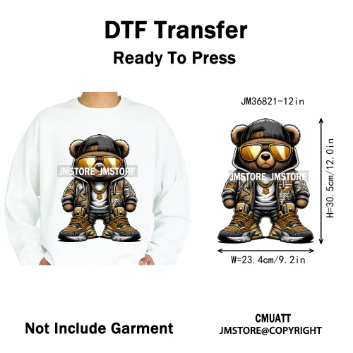 12in Hip Hop Vibes Urban Style Rich Bear With Gold Chains King Animal Iron on DTF Transfers Stickers Ready to Press for Textile