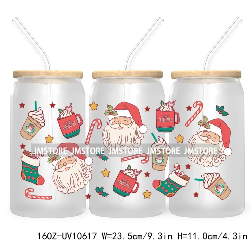 Book Lover Merry Christmas Bow UV DTF Cup Wraps Transfers Sticker For 16OZ Libbey Glass Can Xmas Cheer Coffee Cup Winter Basics