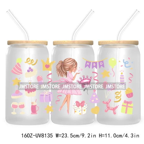 Pink Birthday Girl Queen 16OZ UV DTF Cup Wrap Transfer Stickers Custom Labels DIY Durable Waterproof Logo For Libbey Glass Can