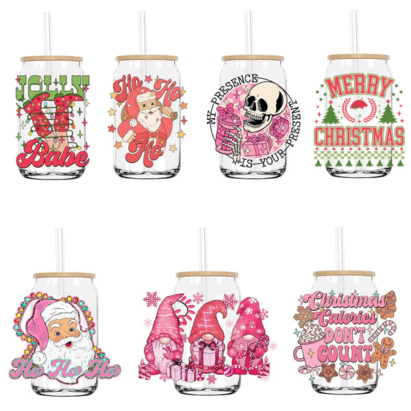 Retro Santa Claus Blowing Bubble Christmas UV DTF Decals Ready To Apply Waterproof Transfer Stickers For 16OZ Libbey Glass Can