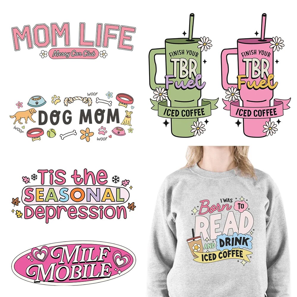 TBR Fuel Iced Coffee Positive Quotes Plastisol Logo Mom Life Affirmative Vibes DTF Transfer Stickers Ready To Press For Clothes